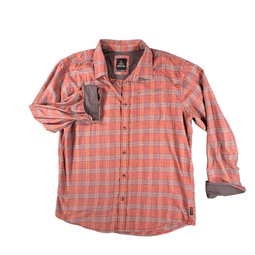 Prana Flannel Shirt Mens XL Orange Plaid Organic Cotton Button Down GorpCore